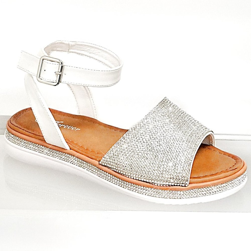 New White Rhinestone Ankle Strap Flat Sandals - Picture 4 of 4